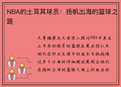 NBA的土耳其球员：扬帆出海的篮球之路